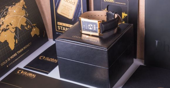 Travel Money - Rectangular Gold-colored Watch With Black Strap on Black Box