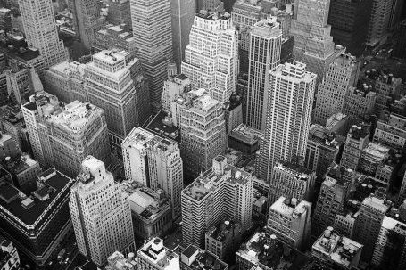 City - Aerial View and Grayscale Photography of High-rise Buildings