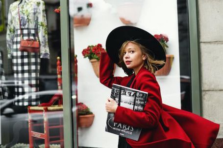 Shop - Woman in Red Coat Holding Book
