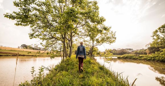 Solo Nature - Person in Blue Denim Jacket and Brown Pants Standing on Green Grass in Front Green Leaved Trees Between River Under Sunny Sky